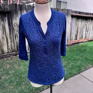 Shannon Ford New York Top Blue Lace Henley Buttons 3/4 Sleeves Women's Petite S
